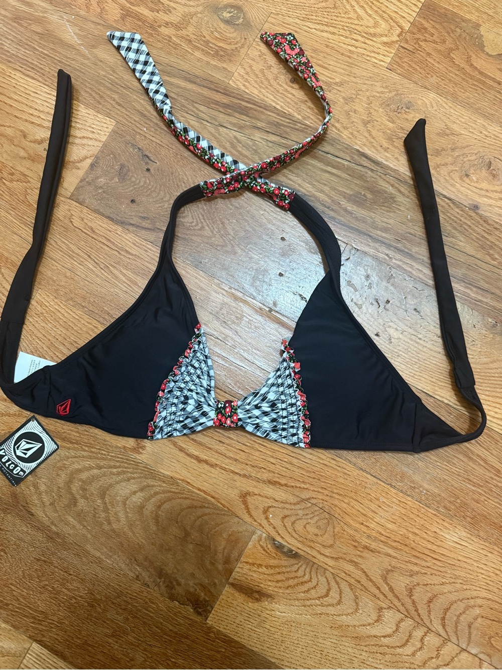 Volcom Black Triangle Bikini Top with Floral-Trimmed Pattern
